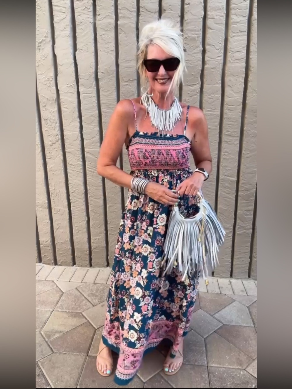 Boho Floral Maxi Dress in Teal and Pink - Picture 2 of 9